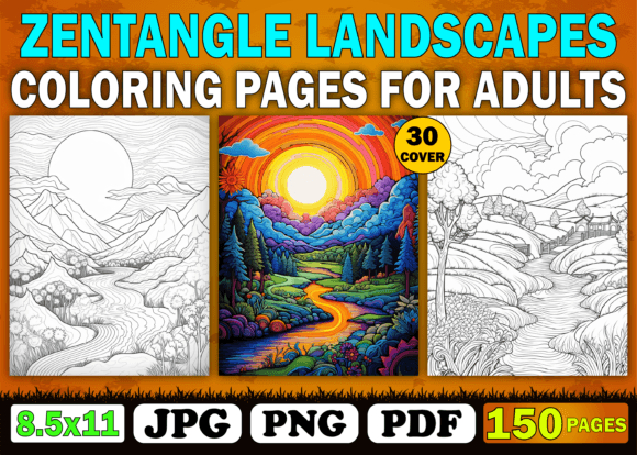 150 Zentangle Landscapes Coloring Pages